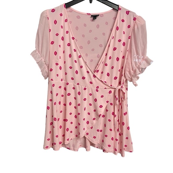 Torrid Studio Knit Chiffon Puff Sleeve Surplice Top Pink Size 1X Dark Pink Lips - Picture 14 of 14